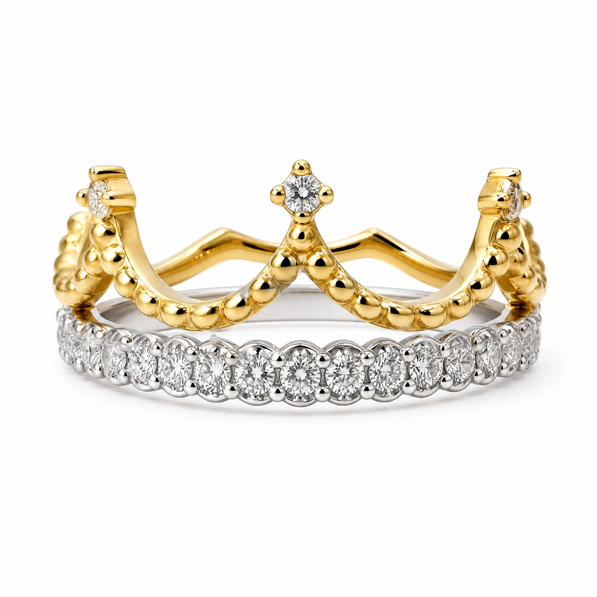 ring-18kgold-twotonegold-king انگشتر تاچ طلای ۱۸ عیار دو رنگ با طراحی تاج و نگین کریستال برلیان کات سواروسکی، سایز ۵۵ و وزن ۳.۱۵ گرم